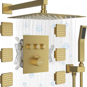 STARBATH Wall Mounted Thermostatic Shower System with 6 Body Jet Push Button Gold